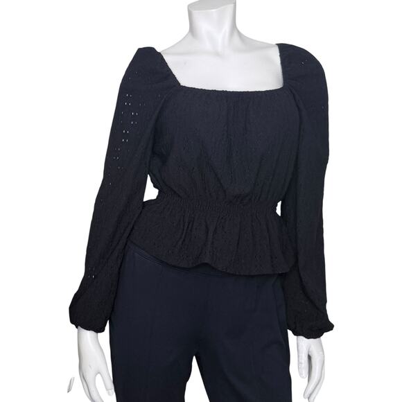 SO Tops - SO Black Eyelet Smocked Square Neck Peplum Top with Lantern Sleeves